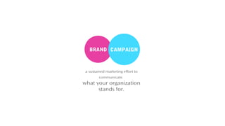 a sustained marketing effort to
communicate
what your organization
stands for.
BRAND CAMPAIGN
 
