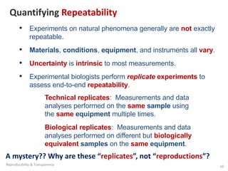 Quantifying Repeatability
• Experiments on natural phenomena generally are not exactly
repeatable.
• Materials, conditions, equipment, and instruments all vary.
• Uncertainty is intrinsic to most measurements.
• Experimental biologists perform replicate experiments to
assess end-to-end repeatability.
A mystery?? Why are these “replicates”, not “reproductions”?
Technical replicates: Measurements and data
analyses performed on the same sample using
the same equipment multiple times.
Biological replicates: Measurements and data
analyses performed on different but biologically
equivalent samples on the same equipment.
10
Reproducibility & Transparency
 