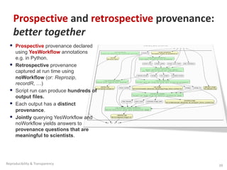 § Prospective provenance declared
using YesWorkflow annotations
e.g. in Python.
§ Retrospective provenance
captured at run time using
noWorkflow (or: Reprozip,
recordR, …)
§ Script run can produce hundreds of
output files.
§ Each output has a distinct
provenance.
§ Jointly querying YesWorkflow and
noWorkflow yields answers to
provenance questions that are
meaningful to scientists.
Prospective and retrospective provenance:
better together
39
Reproducibility & Transparency
 