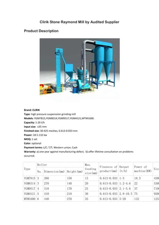Clirik Stone Raymond Mill by Audited Supplier
Product Description
Brand: CLIRIK
Type: high pressure suspenssion grinding mill
Models: YGM7815,YGM8314,YGM9517,YGM4121,MTM1600.
Capacity: 1-20 t/h
Input size: ≤35 mm
Finished size: 30-425 meshes, 0.613-0.033 mm
Power: 18.5-132 kw
MOQ: 1 set
Color: optional
Payment terms: L/C; T/T; Western union; Cash
Warranty: a).one year against manufacturing defect; b).offer lifetime consultation on problems
occurred.
Type
Roller Max.
feeding
size(mm)
Fineness of
product(mm)
Output
(t/h)
Power of
machine(KW)
Size
No. Dimension(mm) Height(mm)
YGM7815 3 260 150 15 0.613-0.033 1-3 18.5 4300
YGM8314 3 270 140 20 0.613-0.033 1.2-4.6 22 5300
YGM9517 4 310 170 25 0.613-0.033 2.1-5.6 37 7100
YGM4121 5 410 210 30 0.613-0.033 2.8-10.5 75 9200
MTM1600 6 440 270 35 0.613-0.033 5-20 132 1255
 