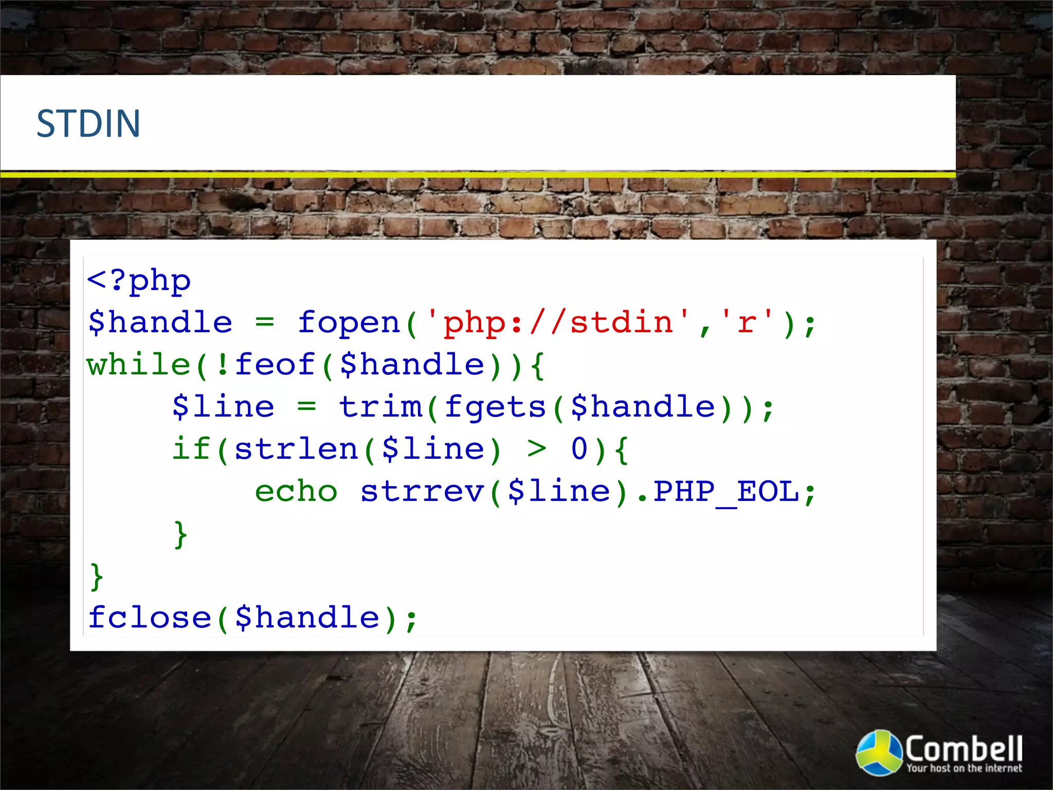 STDIN


  <?php
  $handle = fopen('php://stdin','r');
  while(!feof($handle)){
      $line = trim(fgets($handle));
      if(strlen($line) > 0){
          echo strrev($line).PHP_EOL;
      }
  }
  fclose($handle);
 