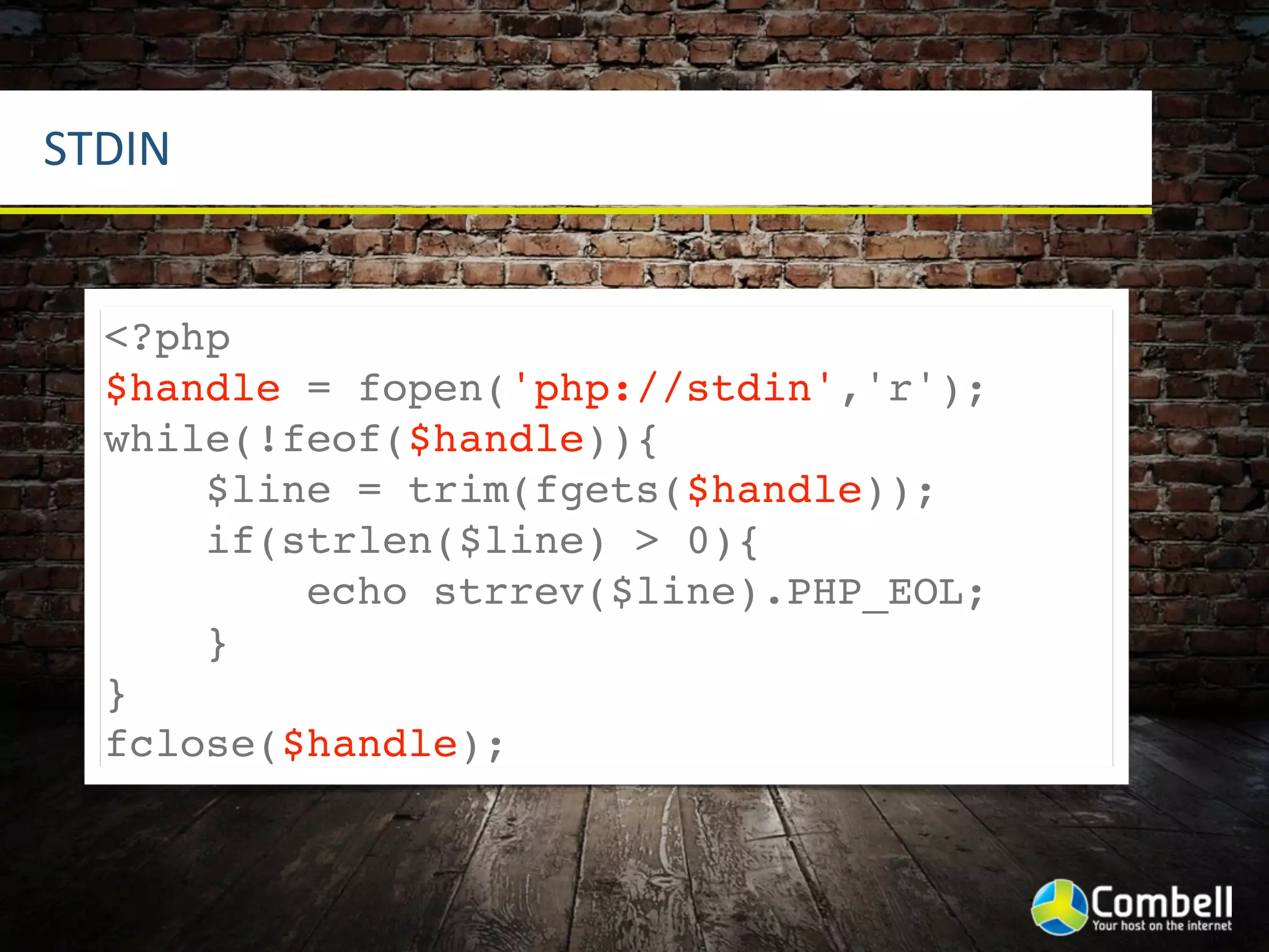 STDIN


  <?php
  $handle = fopen('php://stdin','r');
  while(!feof($handle)){
      $line = trim(fgets($handle));
      if(strlen($line) > 0){
          echo strrev($line).PHP_EOL;
      }
  }
  fclose($handle);
 