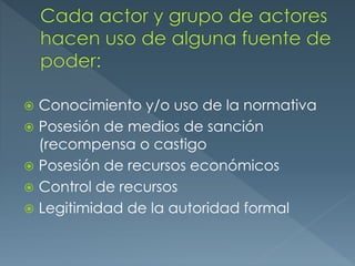  Conocimiento y/o uso de la normativa
Posesión de medios de sanción
(recompensa o castigo
Posesión de recursos económicos
Control de recursos
Legitimidad de la autoridad formal