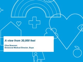 A view from 30,000 feet
 Clive Bowman
 Divisional Medical Director, Bupa




Bupa   Private and Confidential   Date if required   1
 