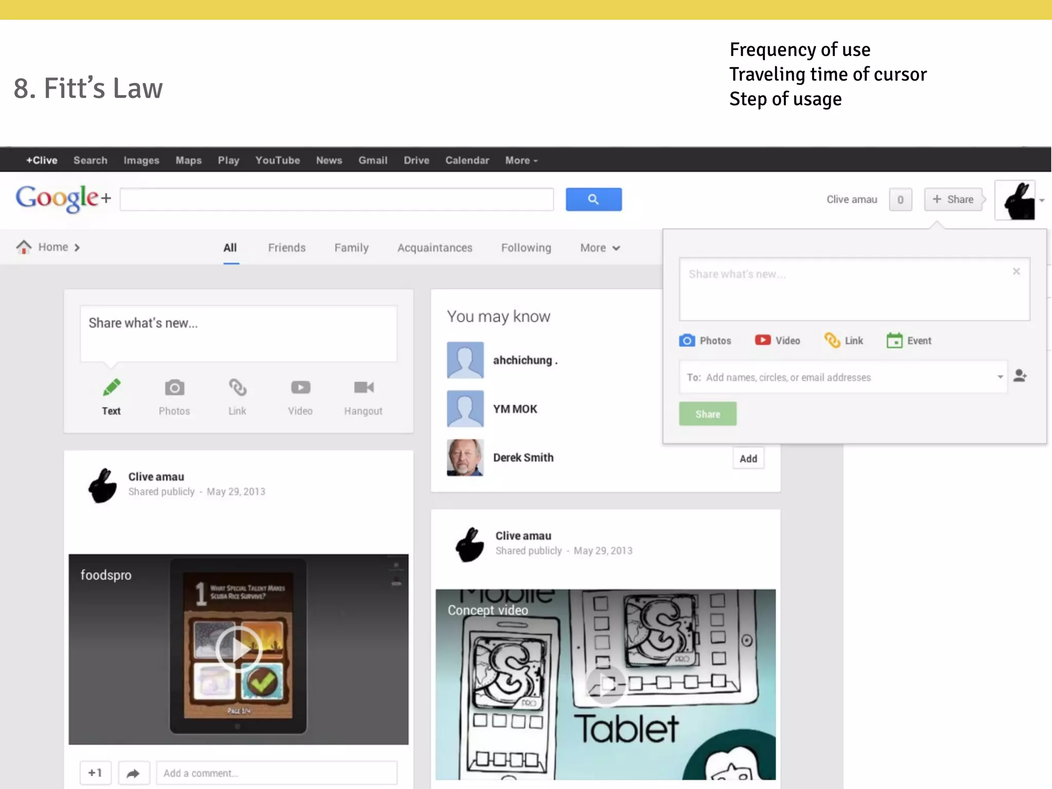 8. Fitt’s Law
Frequency of use
Traveling time of cursor
Step of usage
 