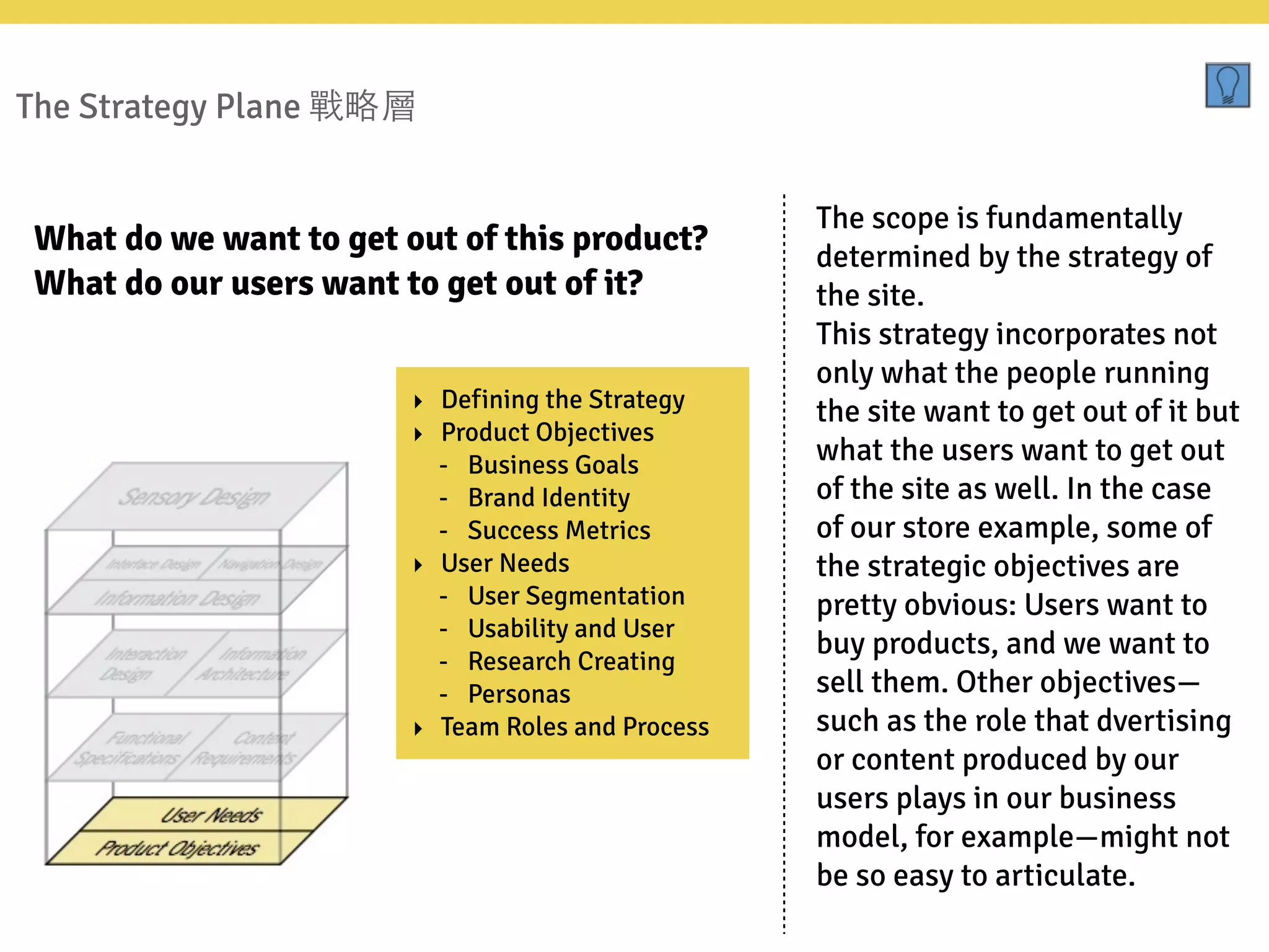 The Strategy Plane 戰略層
The scope is fundamentally
determined by the strategy of
the site.
This strategy incorporates not
only what the people running
the site want to get out of it but
what the users want to get out
of the site as well. In the case
of our store example, some of
the strategic objectives are
pretty obvious: Users want to
buy products, and we want to
sell them. Other objectives—
such as the role that dvertising
or content produced by our
users plays in our business
model, for example—might not
be so easy to articulate.
What do we want to get out of this product?
What do our users want to get out of it?
‣ Defining the Strategy
‣ Product Objectives
- Business Goals
- Brand Identity
- Success Metrics
‣ User Needs
- User Segmentation
- Usability and User
- Research Creating
- Personas
‣ Team Roles and Process
 