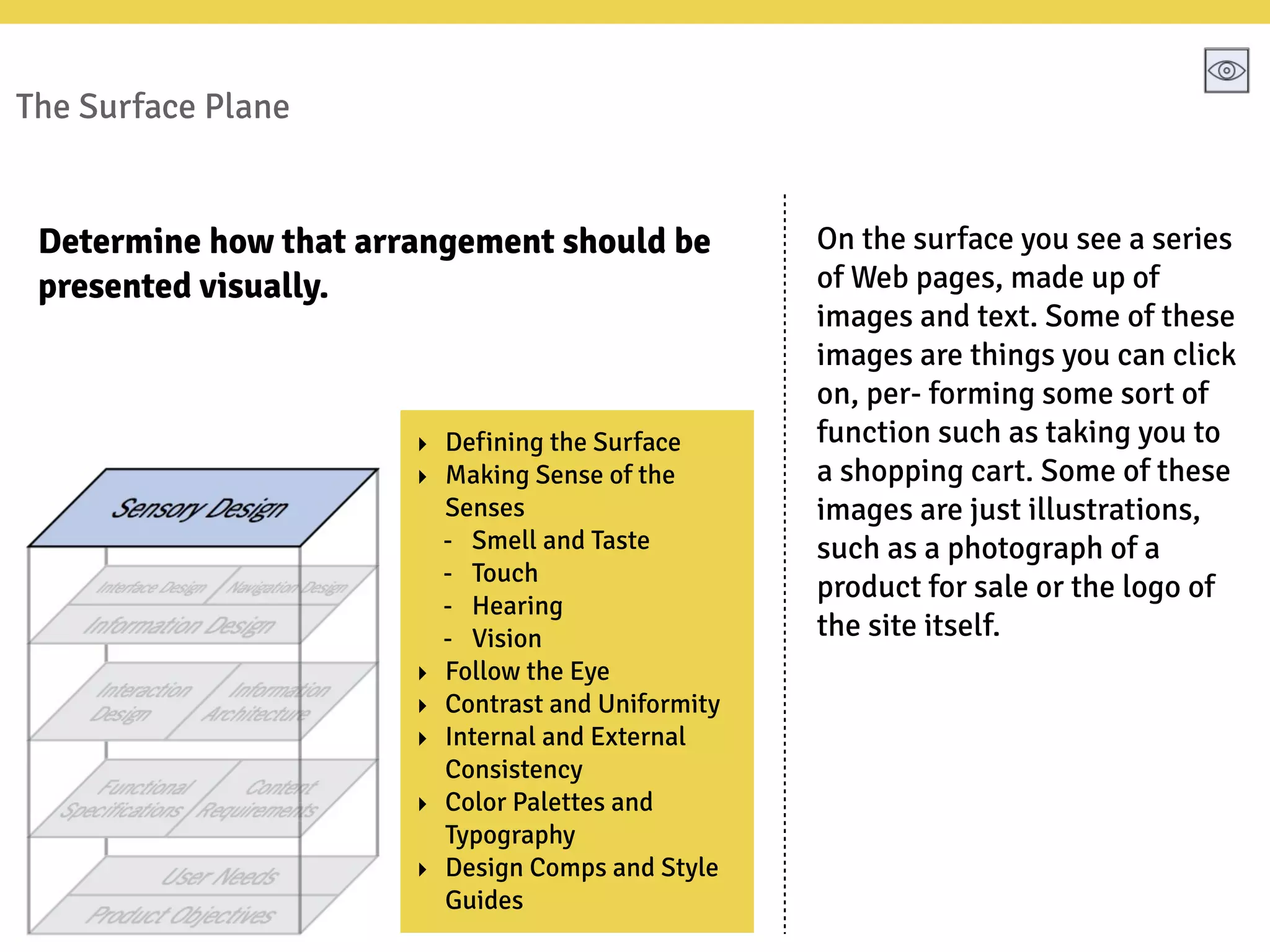 The Surface Plane
On the surface you see a series
of Web pages, made up of
images and text. Some of these
images are things you can click
on, per- forming some sort of
function such as taking you to
a shopping cart. Some of these
images are just illustrations,
such as a photograph of a
product for sale or the logo of
the site itself.
‣ Defining the Surface
‣ Making Sense of the
Senses
- Smell and Taste
- Touch
- Hearing
- Vision
‣ Follow the Eye
‣ Contrast and Uniformity
‣ Internal and External
Consistency
‣ Color Palettes and
Typography
‣ Design Comps and Style
Guides
Determine how that arrangement should be
presented visually.
 