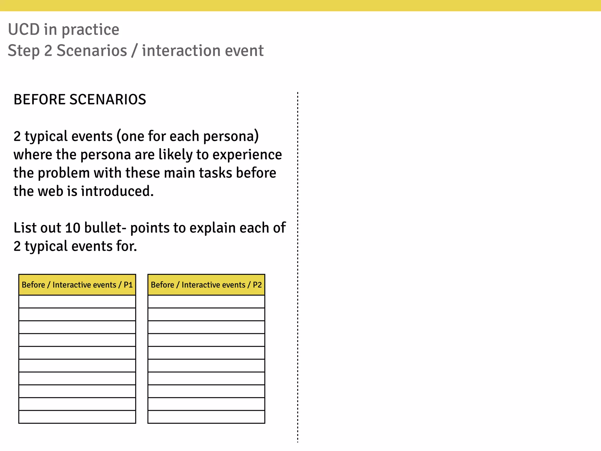 UCD in practice
Step 2 Scenarios / interaction event
BEFORE SCENARIOS
2 typical events (one for each persona)
where the persona are likely to experience
the problem with these main tasks before
the web is introduced.
List out 10 bullet- points to explain each of
2 typical events for.
Before / Interactive events / P1 Before / Interactive events / P2
 