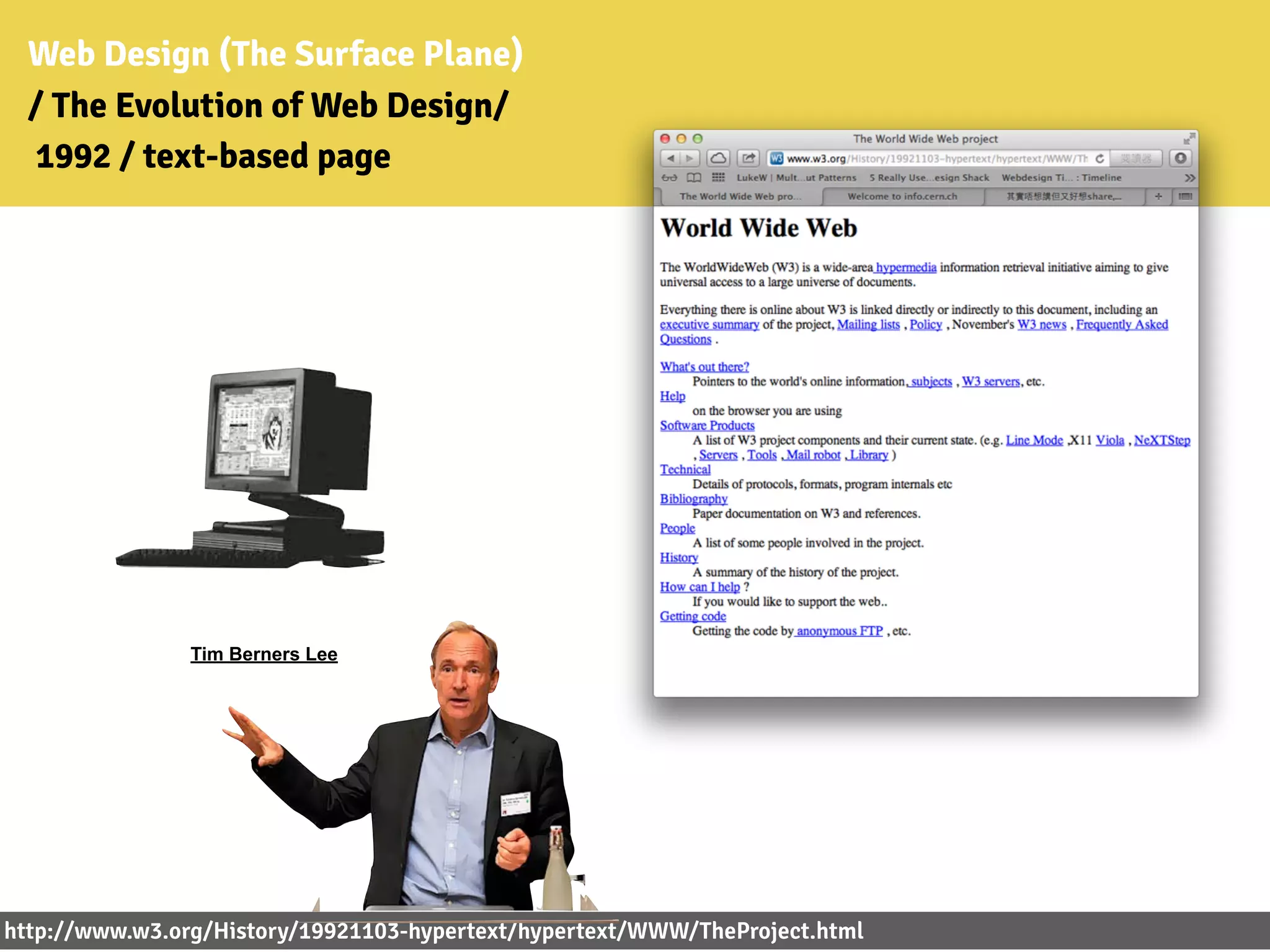 http://www.w3.org/History/19921103-hypertext/hypertext/WWW/TheProject.html
Web Design (The Surface Plane)
/ The Evolution of Web Design/
1992 / text-based page
Tim Berners Lee
 