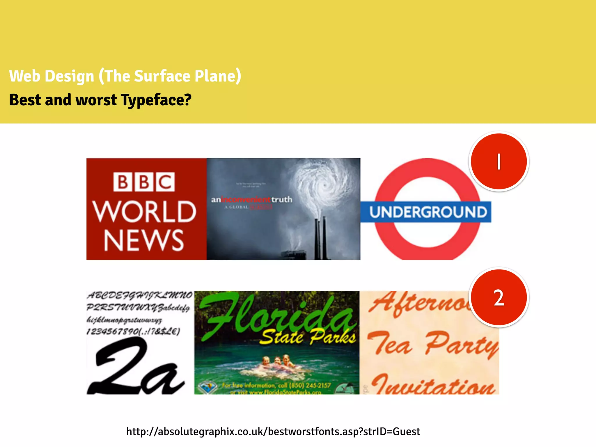Web Design (The Surface Plane)
Best and worst Typeface?
http://absolutegraphix.co.uk/bestworstfonts.asp?strID=Guest
1
2
 