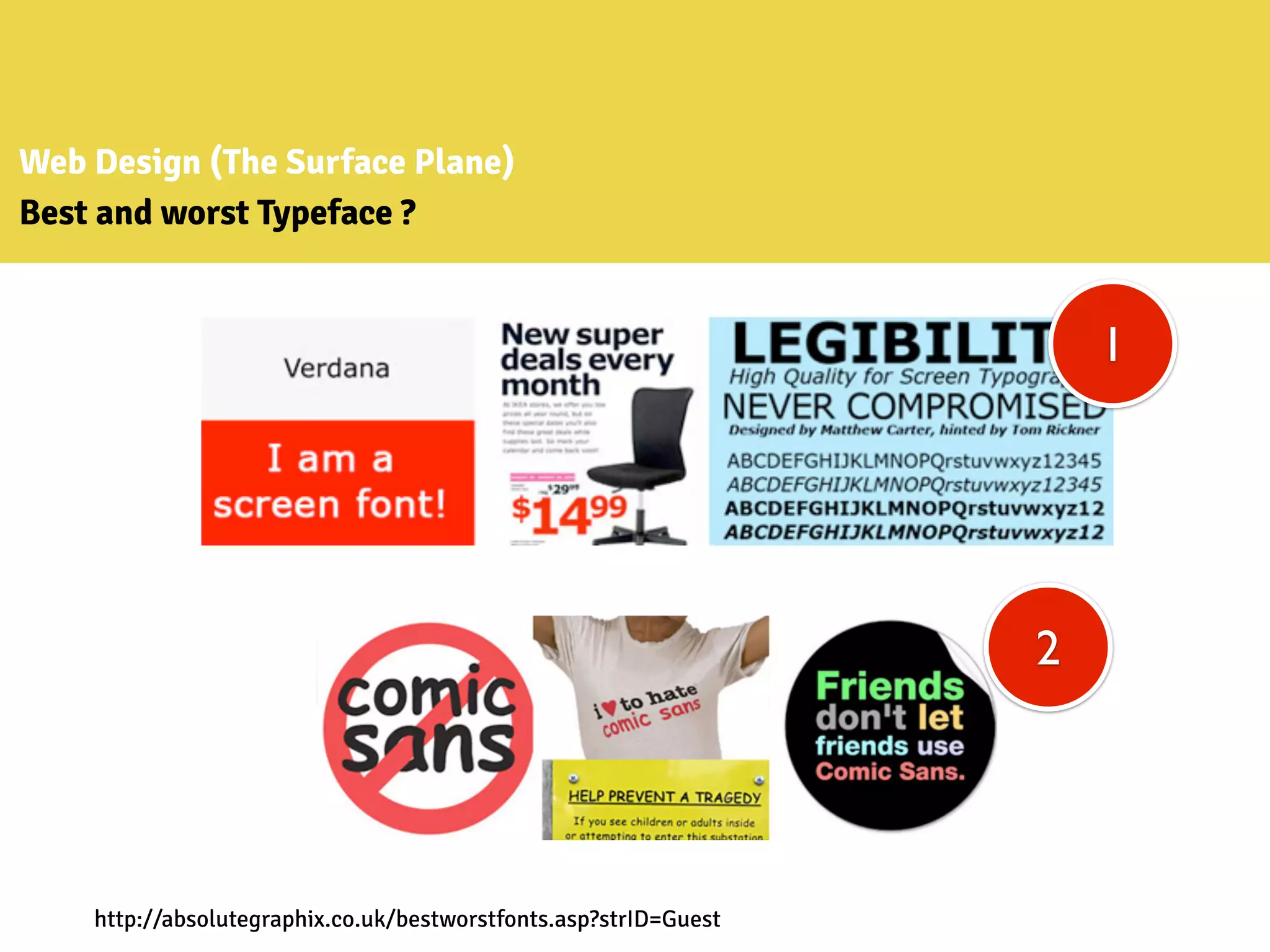 Web Design (The Surface Plane)
Best and worst Typeface ?
http://absolutegraphix.co.uk/bestworstfonts.asp?strID=Guest
2
1
 