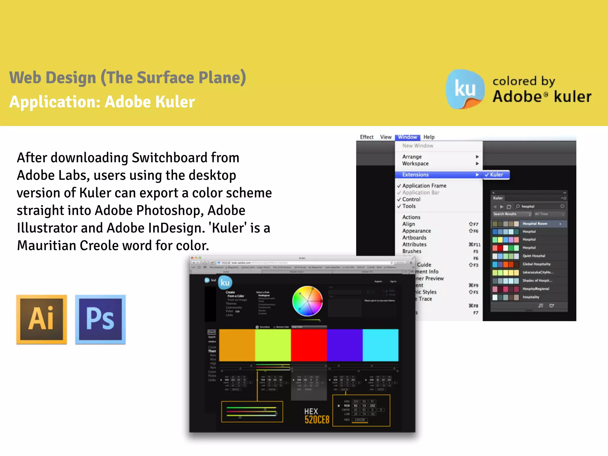 Web Design (The Surface Plane)
Application: Adobe Kuler
After downloading Switchboard from
Adobe Labs, users using the desktop
version of Kuler can export a color scheme
straight into Adobe Photoshop, Adobe
Illustrator and Adobe InDesign. 'Kuler' is a
Mauritian Creole word for color.
 