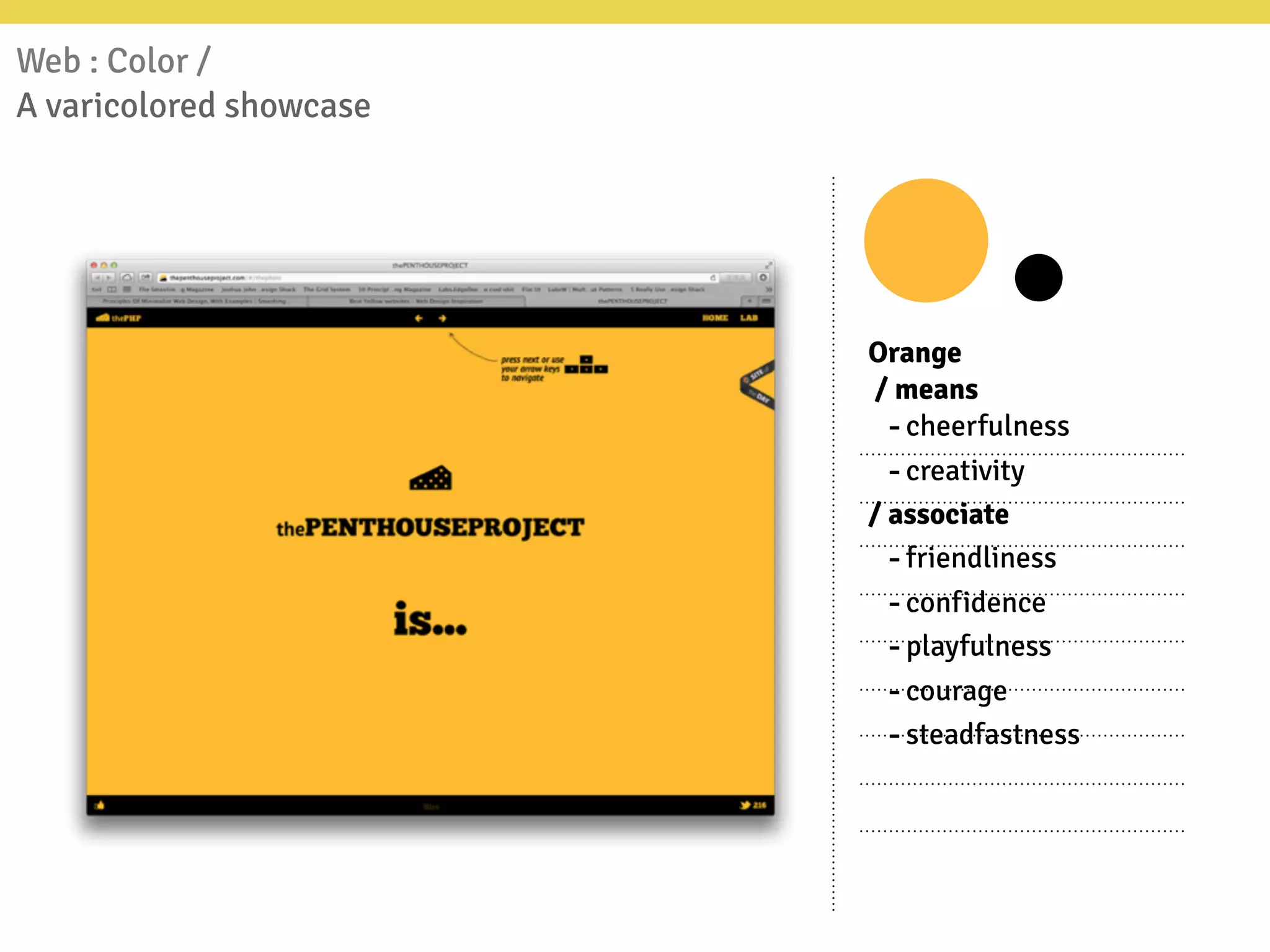 Web : Color /
A varicolored showcase
Orange
/ means
-cheerfulness
-creativity
/ associate
-friendliness
-confidence
-playfulness
-courage
-steadfastness
 
