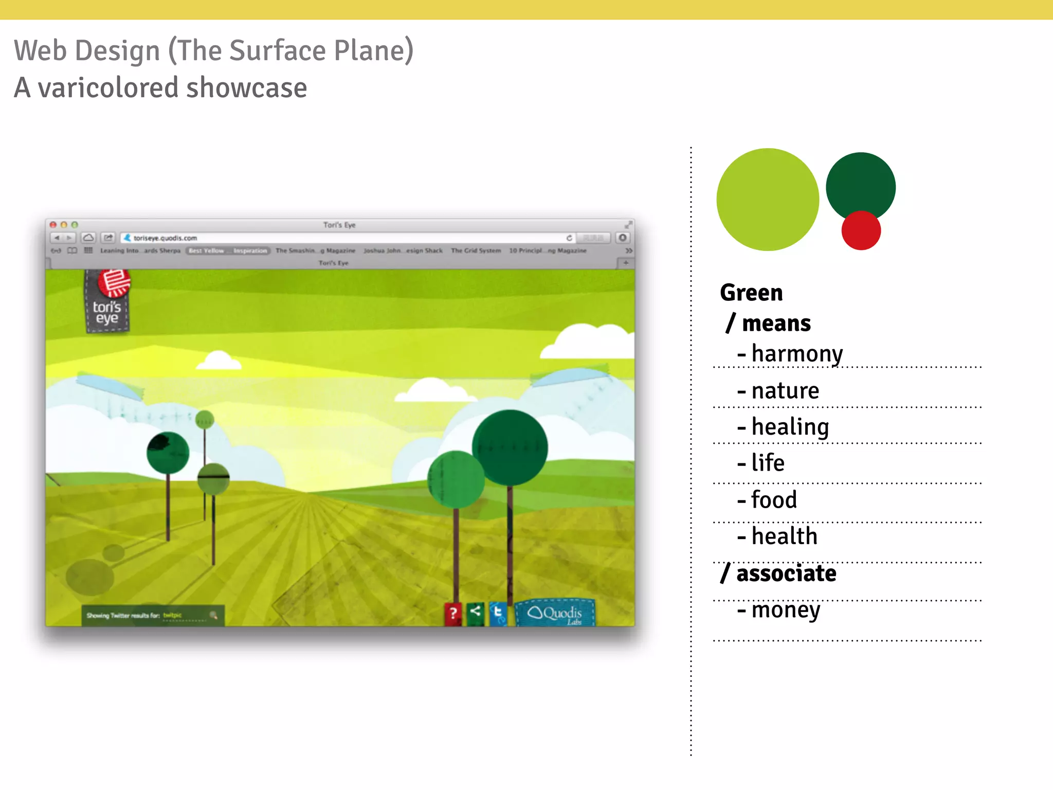 Web Design (The Surface Plane)
A varicolored showcase
Green
/ means
-harmony
-nature
-healing
-life
-food
-health
/ associate
-money
 