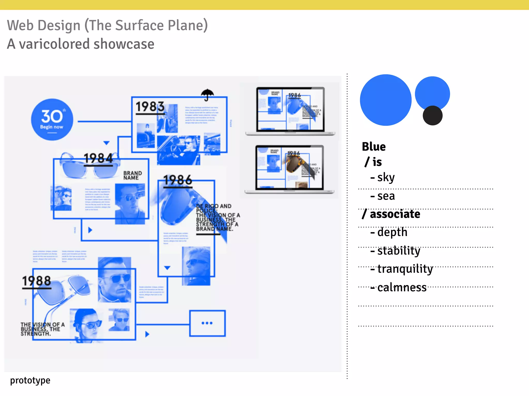 Web Design (The Surface Plane)
A varicolored showcase
Blue
/ is
-sky
-sea
/ associate
-depth
-stability
-tranquility
-calmness
prototype
 
