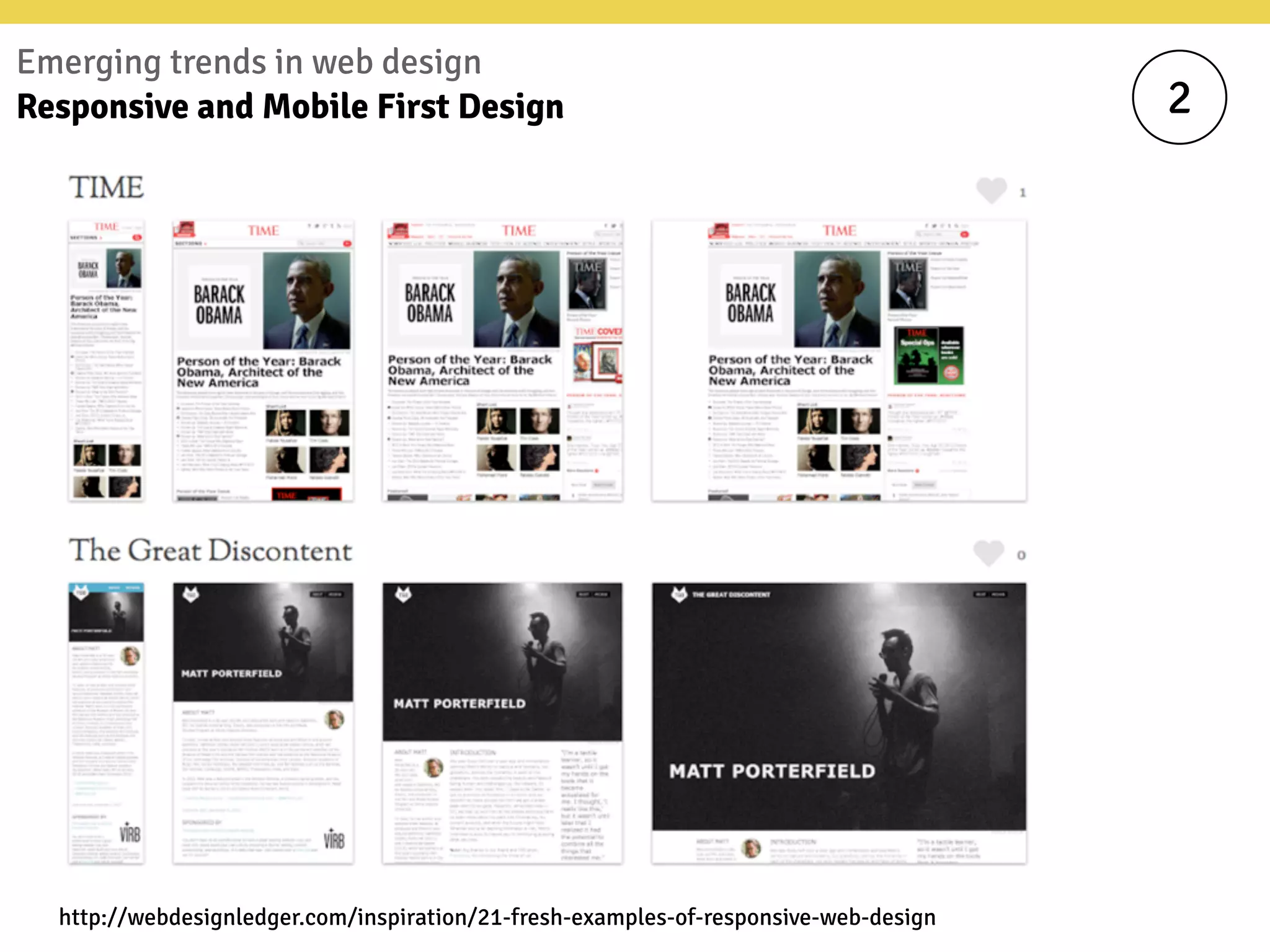 Emerging trends in web design
Responsive and Mobile First Design
http://webdesignledger.com/inspiration/21-fresh-examples-of-responsive-web-design
2
 