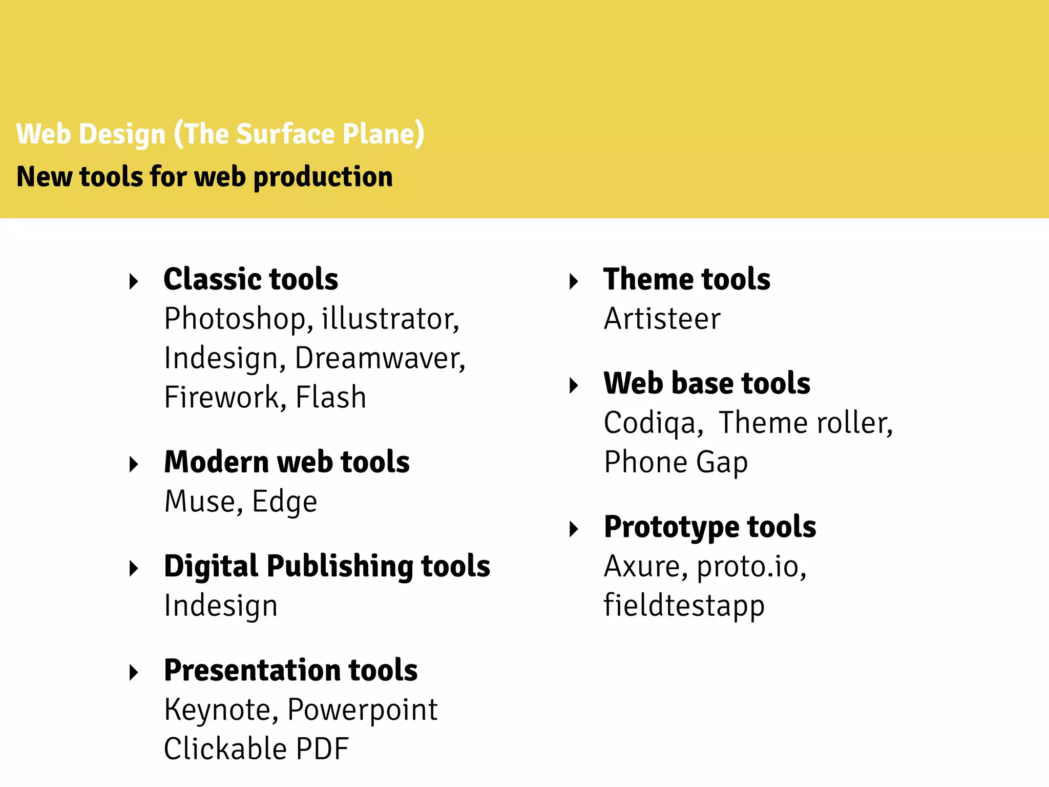 Web Design (The Surface Plane)
New tools for web production
‣ Classic tools
Photoshop, illustrator,
Indesign, Dreamwaver,
Firework, Flash
‣ Modern web tools
Muse, Edge
‣ Digital Publishing tools
Indesign
‣ Presentation tools
Keynote, Powerpoint
Clickable PDF
‣ Theme tools
Artisteer
‣ Web base tools
Codiqa, Theme roller,
Phone Gap
‣ Prototype tools
Axure, proto.io,
fieldtestapp
 
