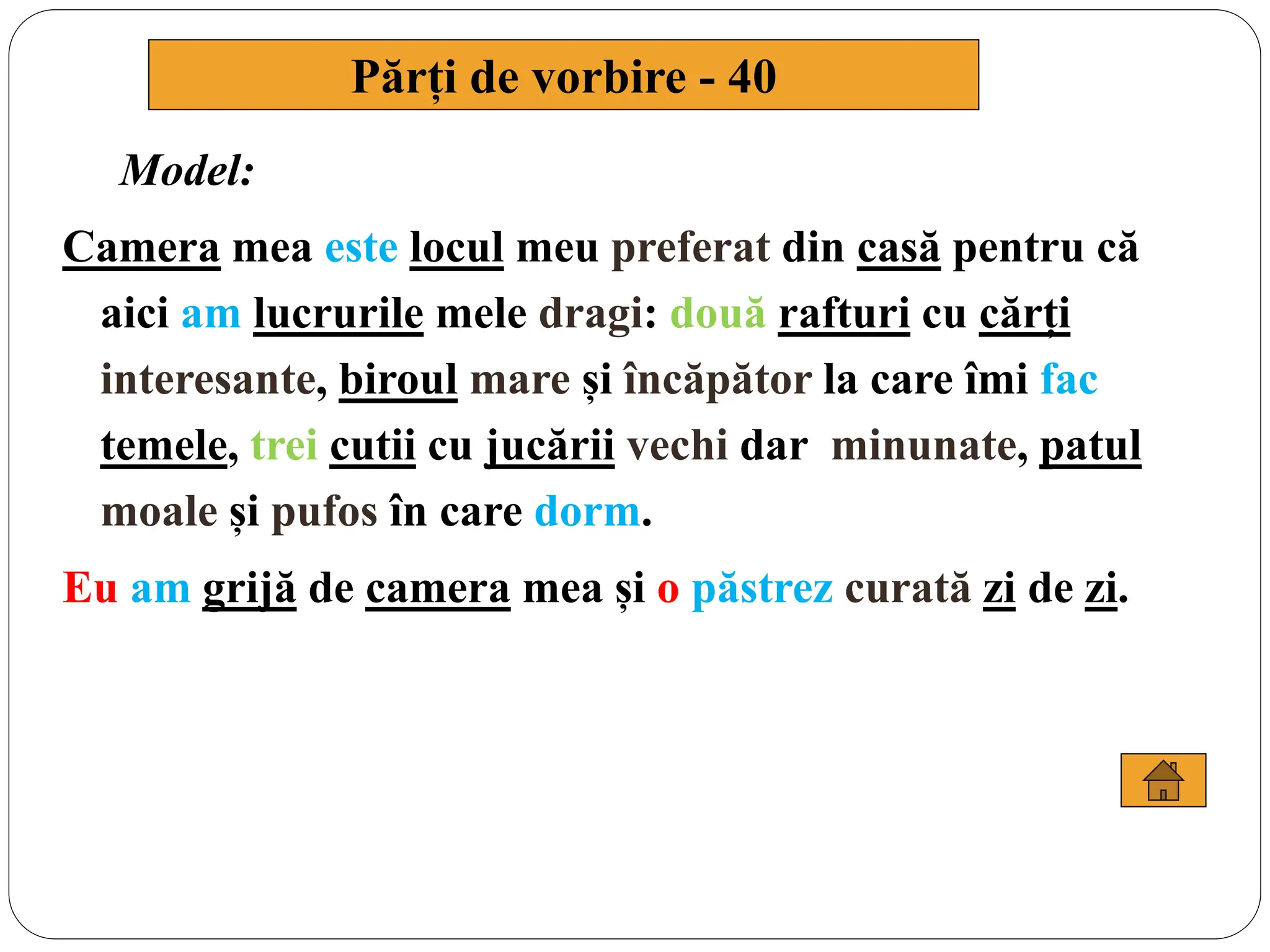 Model:
Camera mea este locul meu preferat din casă pentru că
aici am lucrurile mele dragi: două rafturi cu cărți
interesante, biroul mare și încăpător la care îmi fac
temele, trei cutii cu jucării vechi dar minunate, patul
moale și pufos în care dorm.
Eu am grijă de camera mea și o păstrez curată zi de zi.
Părți de vorbire - 40
 