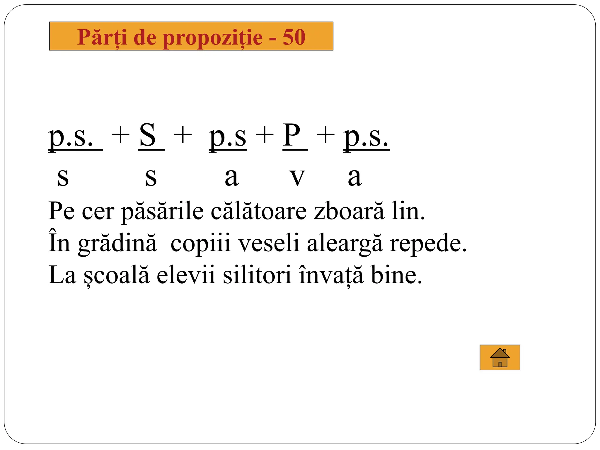 Părți de propoziție - 50
p.s. + S + p.s + P + p.s.
s s a v a
Pe cer păsările călătoare zboară lin.
În grădină copiii veseli aleargă repede.
La școală elevii silitori învață bine.
 