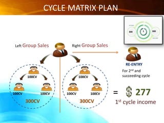 BUSINESS ENTRY OPTIONS Cycle Matrix Plan     $100 =    (100CV) Matrix Matching Plan      $100  = (  25  CV) Products value for money $200  = (  50  CV) Product base on D.P $500  = (150  CV) Product base on D.P