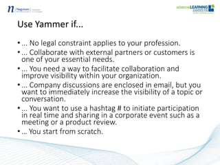 Use Yammer if...
• ... No legal constraint applies to your profession.
• ... Collaborate with external partners or customers is
one of your essential needs.
• ... You need a way to facilitate collaboration and
improve visibility within your organization.
• ... Company discussions are enclosed in email, but you
want to immediately increase the visibility of a topic or
conversation.
• ... You want to use a hashtag # to initiate participation
in real time and sharing in a corporate event such as a
meeting or a product review.
• … You start from scratch.
 