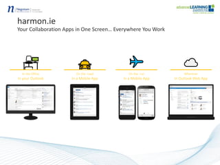 harmon.ie
Your Collaboration Apps in One Screen… Everywhere You Work
In the Office
In your Outlook
On the road
In a Mobile App
On the run
In a Mobile App
Wherever
In Outlook Web App
 