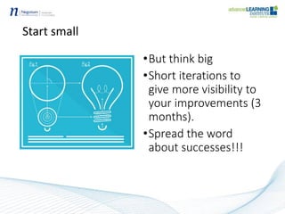 Start small
•But think big
•Short iterations to
give more visibility to
your improvements (3
months).
•Spread the word
about successes!!!
 