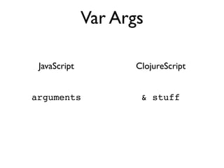 Var Args

 JavaScript          ClojureScript


arguments             & stuff
 