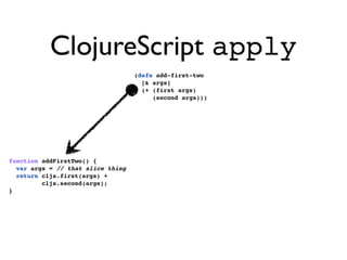 ClojureScript apply
                                   (defn add-first-two
                                     [& args]
                                     (+ (first args)
                                        (second args)))




function addFirstTwo() {
  var args = // that slice thing
  return cljs.first(args) +
         cljs.second(args);
}
 