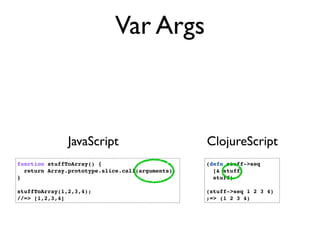 Var Args



               JavaScript                         ClojureScript
function stuffToArray() {                         (defn stuff->seq
  return Array.prototype.slice.call(arguments);     [& stuff]
}                                                   stuff)

stuffToArray(1,2,3,4);                            (stuff->seq 1 2 3 4)
//=> [1,2,3,4]                                    ;=> (1 2 3 4)
 