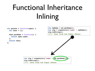 Functional Inheritance
               Inlining
var person = function(spec) {              var myName = me.getName();
  var that = {};                           var sig = signature({‘name’ : myName});
                                           sig.toString();
     that.getName = function() {           //=> ‘Sent from teh Fogus iPhone’
        return spec.name;
     };
     return that;
};




                    var sig = signature({‘name’ : me.getName()});
                    sig.toString();
                    //=> ‘Sent from teh Fogus iPhone’
 