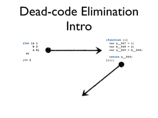 Dead-code Elimination
       Intro
               (function (){
(let [a 1        var a__847 = 1;
      b 2        var b__848 = 2;
      a b]       var a__849 = b__848;
  a)
                 return a__849;
;=> 2          })();
 