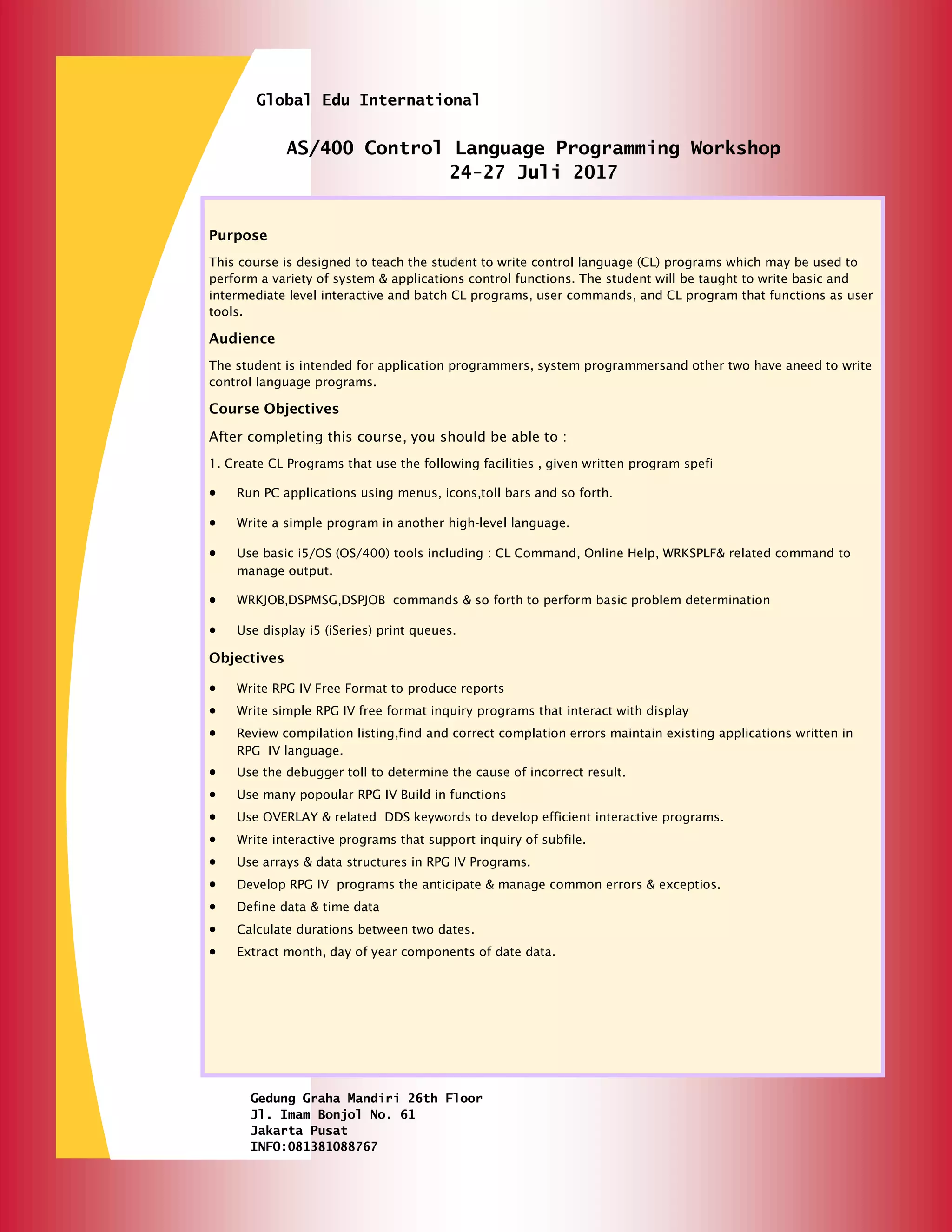 Public Training Control Language Programming Workshop (24-27 Juli 2017 ...