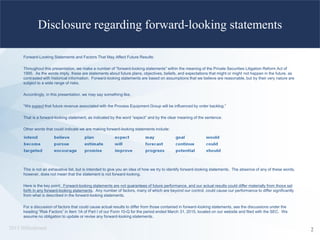 2015 Hillenbrand
Forward-Looking Statements and Factors That May Affect Future Results:
Throughout this presentation, we make a number of “forward-looking statements” within the meaning of the Private Securities Litigation Reform Act of
1995. As the words imply, these are statements about future plans, objectives, beliefs, and expectations that might or might not happen in the future, as
contrasted with historical information. Forward-looking statements are based on assumptions that we believe are reasonable, but by their very nature are
subject to a wide range of risks.
Accordingly, in this presentation, we may say something like,
“We expect that future revenue associated with the Process Equipment Group will be influenced by order backlog.”
That is a forward-looking statement, as indicated by the word “expect” and by the clear meaning of the sentence.
Other words that could indicate we are making forward-looking statements include:
This is not an exhaustive list, but is intended to give you an idea of how we try to identify forward-looking statements. The absence of any of these words,
however, does not mean that the statement is not forward-looking.
Here is the key point: Forward-looking statements are not guarantees of future performance, and our actual results could differ materially from those set
forth in any forward-looking statements. Any number of factors, many of which are beyond our control, could cause our performance to differ significantly
from what is described in the forward-looking statements.
For a discussion of factors that could cause actual results to differ from those contained in forward-looking statements, see the discussions under the
heading “Risk Factors” in Item 1A of Part I of our Form 10-Q for the period ended March 31, 2015, located on our website and filed with the SEC. We
assume no obligation to update or revise any forward-looking statements.
Disclosure regarding forward-looking statements
2
 