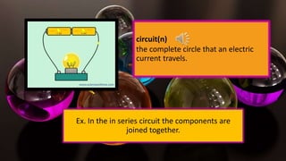 Ex. In the in series circuit the components are
joined together.
circuit(n)
the complete circle that an electric
current travels.
 