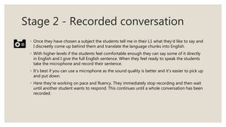 Stage 2 - Recorded conversation
◦ Once they have chosen a subject the students tell me in their L1 what they'd like to say and
I discreetly come up behind them and translate the language chunks into English.
◦ With higher levels if the students feel comfortable enough they can say some of it directly
in English and I give the full English sentence. When they feel ready to speak the students
take the microphone and record their sentence.
◦ It's best if you can use a microphone as the sound quality is better and it's easier to pick up
and put down.
◦ Here they're working on pace and fluency. They immediately stop recording and then wait
until another student wants to respond. This continues until a whole conversation has been
recorded.
 