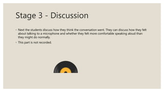 Stage 3 - Discussion
◦ Next the students discuss how they think the conversation went. They can discuss how they felt
about talking to a microphone and whether they felt more comfortable speaking aloud than
they might do normally.
◦ This part is not recorded.
 