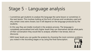 Stage 5 - Language analysis
◦ I sometimes get students to analyse the language the same lesson or sometimes in
the next lesson. This involves looking at the form of tenses and vocabulary used and
why certain ones were chosen, but it will depend on the language produced by the
students.
◦ In this way they are totally involved in the analysis process. The language is
completely personalised and with higher levels they can themselves decide what parts
of their conversation they would like to analyse, whether it be tenses, lexis or
discourse.
◦ With lower levels you can guide the analysis by choosing the most common problems
you noted in the recording stages or by using the final transcription.
 
