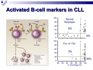 Activated B-cell markers in CLL ZAP-70 expression (%) 0 20 40 60 80 100 8% 0% Normal Karyotype 88 90 92 94 96 98 100 0 20 40 60 80 100 3% 30% 11q –  or 17p – V H  Homology (%) 