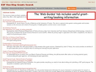 The ‘Web Guides’ tab includes useful grant-writing/seeking information