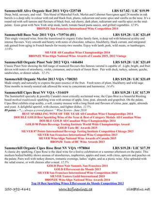 250-392-4641 www.bcfinewines.ca clla@telus.net
Summerhill Alive Organic Red 2011 VQA+225748 LRS $17.82 / LIC $19.99
Deep, bold, savoury, and vital. This blend of Marechal Foch, Merlot and Cabernet Sauvignon aged 24 months in oak
barrels is a deep ruby in colour with red and black fruit, plums, redcurrant and some spice and vanilla on the nose. It’s a
round red with soft tannins and flavours of black fruit, red cherry, dark plum, redcurrant and vanilla spice on the mid-
palate. Goes great with New York strip steak, lamb, tomato based pasta sauces, and grilled vegetables. 12.9%
BRONZE San Francisco International Wine Competition 2014
Summerhill Baco Noir 2011 VQA +719716 (01) LRS $19.28 / LIC $21.69
This single vineyard wine, from the transitional to organic Eidse family farm, is deep red with balanced acidity and
intense flavours. Very smooth and hearty with notes of chocolate, tobacco, blackberry, black currant, and integrated
oak gained from aging in French barrels for twenty-two months. Enjoy with lamb, pork, wild meats, or hamburgers.
13.9%
SILVER All Canadian Wine Championships 2014
BRONZE WineAlign National Wine Awards of Canada 2015, 2012 Vintage
Summerhill Organic Pinot Noir 2012 VQA +446484 LRS $19.28 / LIC $21.69
Classic Pinot Noir showing the full range of nuanced flavours this famous varietal is capable of. Light, bright, and fruit
driven with notes of strawberry, violet, cinnamon, and a touch of forest floor. Pair with duck, turkey, salmon, quiche,
sandwiches, or dinner salads. 12.1%
Summerhill Organic Merlot 2013 VQA +700203 LRS $19.28 / LIC $21.69
Made simply and naturally to express the pure essence of the fruit. Fresh notes of plum, blackberry and wild sage.
Nine months in mostly neutral oak allowed the wine to concentrate and harmonize. 14.4%
Summerhill Cipes Brut NV VQA +314419 LRS $19.28 / LIC $17.39
The Summerhill specialty & possibly Canada's most critically acclaimed wine; the Cipes Brut is a beautiful Riesling
based method-traditionale sparkling wine with aromas of apple, lime, pear, almonds and grapefruit. On the palate,
Cipes Brut exhibits crisp acidity, a soft, creamy mousse with a long finish and flavours of citrus, pear, apple, almonds
and yeast. A delightful aperitif, with cheeses, and lighter dishes. 12.5%
89 points ~ “… always a crowd pleaser.” Wine Scores– June 2010
BEST SPARKLING WINE OF THE YEAR All Canadian Wine Championships 2014
DOUBLE GOLD Best Sparkling Wine of the Year & Best of Category Medals All Canadian Wine
DOUBLE GOLD All Canadian Wine Championships 2014
GOLD 90 Points Beverage Testing Institute World Wide Championships Award
GOLD Taste BC Awards 2015
SILVER 87 Points International Beverage Testing Institute Competition Chicago 2013
SILVER San Francisco International Wine Competition 2013
SILVER WineAlign National Wine Awards of Canada 2015
BRONZE Taste of BC Wine Awards 2013
Summerhill Organic Cipes Rose Brut NV VQA +978064 LRS $19.28 / LIC $17.39
A classic dry sparkling, Cipes Rose is the ideal wine for a festive celebration or a summer afternoon on the patio. This
medium bodied bubbly shows aromas of strawberries, raspberries, apples and toast; with citrus, apricots and peaches on
the palate. Pairs well with turkey dinners, romantic evenings, ladies’ nights, and as a picnic wine. Also splendid with
the salad course, or with cheeses after a meal. 12.5%
GOLD Pinot Noir Summit, San Francisco 2011
GOLD Effervescent du Monde 2013
SILVER San Francisco International Wine Competition 2014
SILVER Tasters Guild International 2010
BRONZE WineAlign National Wine Awards 2014
Top 10 Best Sparkling Wines Effervescent du Monde Competition 2013
 