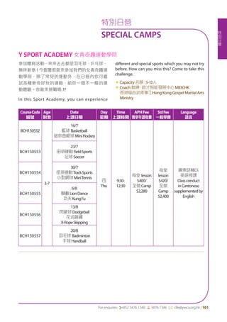 特
別
日
營
For enquires: (+852 3476 1340 6 3476 1346 *: clle@ywca.org.hk | 101
特別日營
SPECIAL CAMPS
參加體育活動，來來去去都是羽毛球、乒乓球，
無咩新意 ! 今個暑假就來參加我們的女青奇趣運
動學院，除了常見的運動外，在日營內你可嘗
試各種新奇好玩的運動，給你一個不一樣的運
動體驗。你敢來挑戰嗎 ??
In this Sport Academy, you can experience
different and special sports which you may not try
before. How can you miss this? Come to take this
challenge.
«	Capacity名額：5-12人
«	Coach教練：啟才智能發展中心MIDCHK
香港福音武術事工HongKongGospelMartialArts
Ministry
Y SPORT ACADEMY 女青奇趣運動學院
CourseCode
編號
Age
對象
Date
上課日期
Day
星期
Time
上課時間
APHFee
專享年證收費
StdFee
一般學費
Language
語言
BCH150552
3-7
16/7
籃球 Basketball
迷你曲棍球MiniHockey
四
Thu
9:30-
12:30
每堂 lesson
$400/
全營Camp
$2,280
每堂
lesson
$420/
全營
Camp
$2,400
廣東話輔以
英語授課
Classconduct
inCantonese
supplementedby
English
BCH150553
23/7
田項運動FieldSports
足球Soccer
BCH150554
30/7
徑項運動TrackSports
小型網球MiniTennis
BCH150555
6/8
獅藝LionDance
功夫KungFu
BCH150556
13/8
閃避球Dodgeball
花式跳繩
X-RopeSkipping
BCH150557
20/8
羽毛球 Badminton
手球Handball
 