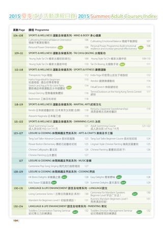 頁數 Page 課程 Programme
106-108 SPORTS & WELLNESS 運動及保健系列 - MIND & BODY 身心健康
Cultivating Emotional Balance Orientation 106
情緒平衡課前導向
Cultivating Emotional Balance 情緒平衡課程 107
Personal Power Orientation New 108
Personal Power Programme-Build emotional 108
resilience and increase personal eﬀectiveness New
109-111 SPORTS & WELLNESS 運動及保健系列 - TAI CHI & QIGONG 太極氣功
Yeung Style Tai Chi 楊家太極初班(新生) 109 Yeung Style Tai Chi 楊家太極中班 109-110
Yeung Style Tai Chi 楊家太極夜中班 110 Tai Chi Boxing 太極散手班 New 111
112-118 SPORTS & WELLNESS 運動及保健系列 - SPORTS & FITNESS 康體運動
TherapeuticYoga 瑜伽 112 IndiaYoga 印度雪山派女子瑜伽班 112
HathaYoga-Ideal for beginners 113
哈達瑜伽 - 適合初學者學習
Aerobic 健康舞運動班 114
Stretch and Aqua Fit for Joint Pains 114
關節痛症伸展運動及水中健體班 New Fitball Stretch 伸展健球班 115
Group Dancing 雪舞儀揚集體班 116
Tennis(Outdoors at the Hong Kong Tennis Centre) 117
網球
Badminton 工餘羽毛球班 118
118-119 SPORTS & WELLNESS 運動及保健系列 - MARTIAL ARTS武術文化
Kendo 日本劍道藝訓班 (日本東京久明館 合辦) 118
Kenjutsu (Japanese Swordsmanship) 119
清源道場古流劍術藝訓
Atarashii Naginata 日本薙刀道 119
121-122 SPORTS & WELLNESS 運動及保健系列 - SWIMMING CLASS 泳班
Adult Swimming Course 121
成人游泳班 May-Jun 5-6 月
Adult Swimming Course 121-122
成人游泳班 Jul-Aug 7-8 月
123-127 LEISURE & COOKING 休閒興趣及烹飪系列 - ARTS & CRAFTS 美術及手工藝
Tang Suit Tailor Advance Course 長衫班進階 123 Tang Suit Tailor Beginner Course 長衫班初班 124
Flower Button Elementary 傳統花紐藝術初班 125 Lingnan Style Chinese Painting 嶺南派國畫班 125
Chinese Calligraphy 書法班 126 Chinese Painting 書畫班(四君子) 126
Chinese Painting 山水畫班 127
127 LEISURE & COOKING 休閒興趣及烹飪系列 - MUSIC音樂
Cantonese Pop Song Singing 現代流行曲歌唱班 127
128-129 LEISURE & COOKING 休閒興趣及烹飪系列 - COOKING烹飪
HK Bistro Delights 茶餐廳之最 New 128 Easy Delights 簡單嘢味 New 128
Kids Teaser 兒童最宜 New 129 Summer Delights 夏天喜兒 New 129
130-131 LANGUAGE & LIFE ENHANCEMENT 語言及培育系列 - LANGUAGE語文
Living Cantonese Series 1 活學活用廣東話 系列1 130
Cantonese for Mandarin Speakers 130
Beginner Level 學說廣東話 1 New
Mandarin for Beginners Level 1 初級普通話 1 131
Business Mandarin Beginners Level 1 131
商務漢語初級1
132-134 LANGUAGE & LIFE ENHANCEMENT 語言及培育系列 - PARENTING 育兒
Toddlers Concentration Training Seminar 132
幼兒專注力訓練講座 New
Toddlers Emotion Management Seminar 132
幼兒情緒管理訓練講座 New
2015 夏季成人活動課程目錄 2015 Summer Adult Courses Index
104 |
 