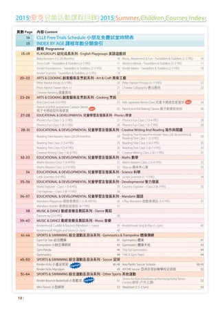 頁數 Page 內容 Content
14 CLLE Free Trials Schedule 小朋友免費試堂時間表
15 INDEX BY AGE 課程年齡分類索引
課程 Programme
15-19 PLAYGROUPS 幼兒成長系列 - English Playgroups 英語遊戲班
Baby Boosters (12-20 Months) 16 Music, Movement & Fun -Twoddlers &Toddlers (2-3YRS) 16
Story Craft -Twoddlers &Toddlers (2-3YRS) 17 World in Words -Twoddlers &Toddlers (2-3YRS) 17
Kinder Foundations -Twoddlers &Toddlers (2-3YRS) 18 Kinder Maths -Twoddlers &Toddlers (2-3YRS) 18
Kinder Scientist -Twoddlers &Toddlers (2-3YRS) 19
20-22 ARTS & COOKING 創意藝術及烹飪系列 - Art & Craft 美術工藝
Pitter Painter Kindy (3-5YRS) 20 Pitter Painter Primary (5-11YRS) 21
Pitter PainterTween (8yrs +) 21 Chinese Calligraphy 書法園地 22
Chinese Painting 國畫園地 22
23-26 ARTS & COOKING 創意藝術及烹飪系列 - Cooking 烹飪
Kids Can Cook (3-6YRS) 23 Kids Japanese Bento Class 兒童卡通造型便當班 New 24
Parent and Kid Janpanese Cartoon Bento
New
親子卡通造型和風便當 25 Parent and Kid Baking Classes 親子創意烘焙坊 26
27-28 EDUCATIONAL & DEVELOPMENTAL 兒童學習及發展系列 - Phonics 拼音
Phonics Fun Class 1 (2-3YRS) 27 Phonics Fun Class 2 (3-4YRS) 28
Phonics Fun Class 1 (4-5YRS) 28 Phonics Fun Class 1 (5-7YRS) 28
28-31 EDUCATIONAL & DEVELOPMENTAL 兒童學習及發展系列 - Creative Writing And Reading 寫作與閱讀
ReadingTree NurseryYears (20-28 months) 29
ReadingTree Kinder/Pre-KinderYears (28-36 months) &
ReadingTree Class 1 (2-3YRS)
29
ReadingTree Class 2 (3-4YRS) 29 ReadingTree Class 3 (4-5YRS) 30
ReadingTree Class 4 (5-6YRS) 30 ReadingTree Class 5 (6-7+YRS) 30
Creative Writing Class 1 (6-8YRS) 31 Creative Writing Class 2 (8-11YRS) 31
32-33 EDUCATIONAL & DEVELOPMENTAL 兒童學習及發展系列 - Maths 數學
Maths Masters Class 1 (3-4YRS) 32 Maths Masters Class 2 (5-6YRS) 32
Maths Masters Class 3 (7-9YRS) 32 Abacus 趣味珠心算 33
34 EDUCATIONAL & DEVELOPMENTAL 兒童學習及發展系列 - Science 科學
Little Scientist (3-6YRS) 34 Junior Scientist (7- 11YRS) 34
35-36 EDUCATIONAL & DEVELOPMENTAL 兒童學習及發展系列 - Developmental 智力發展
World Explorer - Class 1 (5-6YRS) 35 Country Explorer – Class 2 (6-7YRS) 35
City Explorer – Class 3 (8-11YRS) 36
36-37 EDUCATIONAL & DEVELOPMENTAL 兒童學習及發展系列 - Mandarin 國語
Mandarin Playgroup 唱遊普通話 (12-36 MTHS) 36 I-Play Mandarin 遊戲普通話 (3-5YRS) 37
Mandarin Builder 普通話加强班 (4-7YRS) 37
38 MUSIC & DANCE 動感音樂及舞蹈系列 - Dance 舞蹈
Dancercise (3-6YRS) 38
39-40 MUSIC & DANCE 動感音樂及舞蹈系列 - Music 音樂
Kindermusik Cuddle & Bounce (Newborn – 1year) 39 Kindermusik Sing & Play (1–2yrs) 40
Kindermusik Wiggle and Grow (2–3yrs) 40
41-44 SPORTS & SWIMMING 綜合運動及游泳系列 - Gymnastics & Trampoline 體操彈網
Gym ForTots 幼兒體操 41 Gymnastics 體操 41
Trampoline 小跳豆彈網班 43 Gymnastics 體操天地 43
Gym Panda 44 TinyTot Gymnastics 44
Gymnastics 44 YWCA GymTeam 44
45-50 SPORTS & SWIMMING 綜合運動及游泳系列 - Soccer 足球
Kinder Kicks 小童足球班 Highlight 46-48 Asia Paciﬁc Soccer Schools 48-49
Kinder Kicks Mandarin 49 AFCHK Soccer 亞洲足球訓練學校足球班 50
51-64 SPORTS & SWIMMING 綜合運動及游泳系列 - Other Sports 其他運動
Kinder Bounce Basketball 小型籃球 Highlight
51
Tennis for Kids (Outdoors at the Hong KongTennis
Centre) 網球 (户外上課)
52
MiniTennis 小型網球 53 Headstart (1.5-2.5yrs) 54
2015 夏季兒童活動課程目錄 2015 Summer Children Courses Index
12 |
 