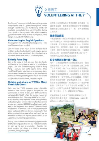女青義工
VOLUNTEERING AT THE Y
C
L L E
TheCentreofLearningandLifeEnhancementprovides
manywaysforAPHsto‘givesomethingback‘,either
through volunteering and fundraising events for
charitable causes, helping us out in the office during
busy periods or through event sales where proceeds
go towards the HK-YWCA or other worthy cause. Why
notgetinvolvedwiththefollowing:
Volunteering for English Speakers
Kindergarten Pre-school English Programme – No
teaching experience needed:
Can you spare a few hours a week to teach local
children spoken-English just through playing games
and spending time with them? If so then become a
volunteer at one of HK-YWCAs 10 Kindergartens.
Elderly Farm Day
Join us for a day of fresh air away from the hustle
and bustle of Hong Kong at YWCA‘s elderly farm
project. The farm for healthy ageing is one of Hong
Kong‘s genuine non-profit organic farms. They
need fit and healthy volunteers to help prepare, plant,
remove weeds and water the land. If you are a healthy
individual over 50 years of age who would like to help
out, please contact volunteer_clle@ywca.org.hk
Helping out at one of YWCA‘s Many
Charitable Events
Each year, the YWCA organizes many charitable
events to raise funds for projects that give back to
communities in need. In 2013, over 3000 volunteers
participated in YWCA‘s Flag Day to raise money for
establishing the first “One-stop Social Service Hub”
inHKservicingFamilyWellness,YouthDevelopmentas
wellasElderlyCareservicesinthenewKowloonCentre
serving an expected 200,000 beneficiaries annually.
YWCA also organizes the annual‘Charitea Charity
Programme‘on Women‘s Day to freely distribute red
dates tea bags to different districts, including Tin Shui
Waitopromotethemessageofloveandcare.Ifyou‘re
interested to help out in any way, please contact us for
upcomingvolunteeringopportunities.
To stay up to date with volunteering opportunities
and fundraising activities visit our website regularly
or sign up to our e-newsletter. Register for
email updates by calling 3476 1340 or emailing
volunteer_clle@ywca.org.hk.
活學中心為年證持有人帶來回饋社會的機會，不
論是義工服務、慈善籌款活動或是於繁忙時間到
我們的辦公室或活動中幫一下忙，我們都樂意為
大家安排：
健康長者農場
一起遠離繁囂，參加女青的健康長者農場計劃，吸
收一下新鮮空氣。農場由一群對農耕有興趣的長者
主責營運，是本港非牟利有機農場之一。透過長者
的農耕工作，例如除草、澆灌、收割、播種及簡單
工程等，提昇長者老有所為的積極形象。凡50歲或
以上之人仕，如有意加入成為長者義工的一份子，
可電郵到volunteer_clle@ywca.org.hk。
於女青慈善活動中出一分力
每年，女青都會舉辦不同的慈善籌款活動，為滿
足社會需要。於2013年，超過3000名義工參與
了女青賣旗日，為「一站式綜合社會服務匯點」
，融會「家庭健康」、「青年發展」及「樂活第
三齡」等服務籌取善款，為有需要人士提供全面
的專業支援，每年受惠人次達200,000。女青亦
於每年婦女節舉辦”ChariTea慈善計劃”，並已
於全港各區送贈超過八萬份紅棗茶包，藉此呼籲
社會、企業及婦女本身「愛社區•愛員工•愛
自己」。如閣下也有興趣了解即將舉辦的慈善活
動，為社會出一分力，都歡迎與我們聯絡。
如有興趣接收有關義工服務的最新資訊或登
記接我們的電子通訊，可聯絡3476 1340或電
volunteer_clle@ywca.org.hk。
| 159
 