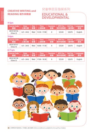 EDUCATIONAL&
DEVELOPMENTAL
30 | 活學專享年證持有人可享網上報名服務 Online enrollment available for Annual Pass Holders
兒童學習及發展系列
EDUCATIONAL &
DEVELOPMENTAL
CREATIVE WRITING and
READING 寫作與閱讀
4-5yrs
Course Code
編號
Date
上課日期
Day
星期
Time
上課時間
Sessions
堂數
APH Fee
專享年證收費
Std Fee
一般學費
Language
語言
BCH150156
(Class 3)
6/5 - 24/6 Wed 15:30 - 17:00 8 $2520 $2670 English
5-6yrs
Course Code
編號
Date
上課日期
Day
星期
Time
上課時間
Sessions
堂數
APH Fee
專享年證收費
Std Fee
一般學費
Language
語言
BCH150157
(Class 4)
6/5 - 24/6 Wed 16:00 - 17:30 8 $2520 $2670 English
6-7+yrs
Course Code
編號
Date
上課日期
Day
星期
Time
上課時間
Sessions
堂數
APH Fee
專享年證收費
Std Fee
一般學費
Language
語言
BCH150158
(Class 5)
6/5 - 24/6 Wed 17:00 - 18:30 8 $2520 $2670 English
 