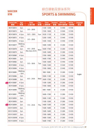 綜
合
運
動
及
游
泳
系
列
For enquires: (+852 3476 1340 6 3476 1346 *: clle@ywca.org.hk | 47
綜合運動及游泳系列
SPORTS & SWIMMING
SOCCER
足球
CourseCode
編號
Age
對象
Date
上課日期
Day
星期
Time
上課時間
Sessions
堂數
APH Fee
專享年證收費
StdFee
一般學費
Language
語言
BCH150072 3yrs
3/5 – 28/6
Sun
11:00-12:00 9 $1440 $1590
English
BCH150073 3yrs 17:00-18:00 9 $1440 $1590
BCH150074 4-5yrs 10/5 – 28/6 10:30-11:30 8 $1280 $1430
BCH150075 4-5yrs
3/5 – 28/6
12:00-13:00 9 $1440 $1590
BCH150076 4-5yrs 13:00-14:00 9 $1440 $1590
BCH150077
Walking
– 2yrs
4/5 – 29/6
(No class 25/5)
Mon
14:00-15:00 8 $1280 $1430
BCH150078 2yrs 16:00-17:00 8 $1280 $1430
BCH150079 3yrs 15:00-16:00 8 $1280 $1430
BCH150080 4-5yrs 17:00-18:00 8 $1280 $1430
BCH150081 2yrs
5/5 – 30/6 Tue
16:00-17:00 9 $1440 $1590
BCH150082 3yrs 15:00-16:00 9 $1440 $1590
BCH150083 4-5yrs 14:00-15:00 9 $1440 $1590
BCH150084 4-5yrs 17:00-18:00 9 $1440 $1590
BCH150085
Walking
– 2yrs
6/5 – 24/6 Wed
9:00-10:00 8 $1280 $1430
BCH150086 2yrs 10:00-11:00 8 $1280 $1430
BCH150088 3yrs 16:00-17:00 8 $1280 $1430
BCH150087 4-5yrs 11:00-12:00 8 $1280 $1430
BCH150089 4-5yrs 17:00-18:00 8 $1280 $1430
BCH150090
Walking
– 2yrs
7/5 – 25/6 Thu
9:00 -10:00 8 $1280 $1430
BCH150091
Walking
– 2yrs
16:00-17:00 8 $1280 $1430
BCH150092 2yrs 10:00-11:00 8 $1280 $1430
BCH150093 2yrs 11:00-12:00 8 $1280 $1430
BCH150094 2yrs 14:00-15:00 8 $1280 $1430
BCH150095 2yrs 15:00-16:00 8 $1280 $1430
BCH150096 3yrs 15:00-16:00 8 $1280 $1430
BCH150097 3yrs 17:00-18:00 8 $1280 $1430
BCH150098 4-5yrs 14:00-15:00 8 $1280 $1430
BCH150099 4-5yrs 16:00-17:00 8 $1280 $1430
New
New
 