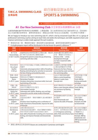 SPORTS&SWIMMING
58 | 活學專享年證持有人可享網上報名服務 Online enrollment available for Annual Pass Holders
綜合運動及游泳系列
SPORTS & SWIMMING
Y.W.C.A. SWIMMING CLASS
女青泳班
A1 Our New Swimming Club 本全新游泳教練團隊 A1 泳會
由總教練 BEN SIR 帶領專業游泳教練團隊，以豐富經驗，致力為學員度身訂造合適的教學方法，因材施教，
並以充滿笑聲的教學氣氛，讓學員熱愛游泳。課程由幼兒親子班至泳式改進課程，切合學員不同需要。
We are happy to introduce our new swimming club A1, which is led by renowned Coach Ben. A1 is a group of
professional swimming coaches aiming to teach kids and adults the techniques and skills required to learn and
improve swimming in a tailor-made approach for each students.
** 學員每完成一期，導師將於最後一課派發學生進度通知書，讓家長清楚知晰學生進度 **
** A simple progress report will be distributed in the last lesson for parent's reference. **
班別
Level
課程內容
CourseDetails
教學目標
Teaching Aims
標準
Standards
親子泳班
Parent & Baby
12-36月 months
透過學習游泳時家長和嬰兒之間的互動，增加家
長了解子女在游泳時之適應及進度。
Designed for parent to share the joy of learning
swimming with their child.
透過有趣的項目讓嬰兒熟習
水性，增強於水中的信心。
Enhance child ‘s limbs
development through
our basic movement skills
activities.
學前海星班
Pre-school
Starfish
3-5歲 yrs
基本水中安全知識, 水中遊戲, 及簡單自由式及換
氣動作
Intensively and progressively in skills of breathing,
floating and kicking by fun activities to overcome
the fear of being surrounded by water.
以遊戲形式使學童克服懼水
心理及為預備班作好準備
Overcome the fear of being
surrounded by water and learn
the swimming safety.
預備 小魚班
Preparation
Nemo
3+歲或上years
基本自由式動作
學習自由式打腿動作及掌握換氣技巧
Elementary Freestyle
Introduce elementary movement skills, front and
back kicking of free style.
自由式打腿及換氣協調
Able to control breathing,
balance in water, basic
freestyle kick
能夠同時進行打腿
及換氣40米
Finish 40M by
kicking and breath
exchange
初級(一級)
飛魚班
Kid Beginner(L1)
Flying Fish
5+歲或上years
進階自由式技巧
自由式手部動作及全式配合
Intermediate Freestyle
Submerge with rhythm, floating, arms and legs
movements and the whole stroke of freestyle.
能夠不需使用任何浮物游泳
Able to swim freestyle without
any assistance by floating
equipment.
徒手游自由式20米
Finish 20M by
freestyle.
初級(二級)
海豚班
Kid Beginner(L2)
Dolphin
5+歲或上years
蛙泳技巧
改良自由泳動作、掌握手腳動作, 蛙泳換氣動作
協調
Introduce basic breathing and co-ordination of
body movement of breaststroke, improve the skills
of freestyle
學習基礎蛙泳動作及改善自
由式動作
basic breaststroke and
improve the skills of freestyle
能以自由式游40米
及蛙式20米
Finish 40M by
freestyle and 20M
by breaststroke
綜合鯊魚班
Kid Advance
Shark
5+歲或上years
泳術改善及背泳技巧
改善自由泳及蛙泳動作、背泳打腿動作的穩定、
背泳手的技巧及提升自由泳及蛙泳之耐力
basic skills of backstroke including arms movement,
kicking, and improve freestyle and breaststroke
skills.
按學生個別進度教授背泳基
本技巧，並改善自由式及蛙
式泳術improve swimming
skills of kids and enhance basic
backstroke
能以自由式游80米
及蛙式40米及背泳
打腿20米以上
Finish 80M by
freestyle, 40M by
breaststroke and
20M by backstroke
kicking.
** 課程以廣東話及英語教授 Classes are conducted in Cantonese and English
« 小班精英教學每班 3-4人IntensiveClass3-4students/class
 
