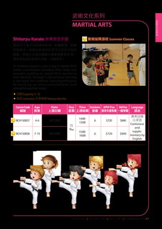 武
術
文
化
系
列
For enquires: (+852 3476 1340 6 3476 1346 *: clle@ywca.org.hk | 67
學習空手道可培育學員紀律、群體精神、磨練
堅毅意志。拳會為香港政府認可代表空手道的
組織，學員在本港及國際性賽事勇奪多項 牌，
部份更為現役香港代表隊，成績斐然。
To children, Karate is also a way to better their
motor coordination between their limbs and
eyesight, putting on speed their reasoning
and reaction. Through a disciplinary training,
it increases the students' learning efficiency
by building up their concentration and
strengthening their mind.
« 名額Capacity:5-15
« 教師 Instructor:糸東拳會ShitoryuKenKai
Shitoryu Karate 糸東流空手道 暑期加開課程 Summer Classes
CourseCode
編號
Age
對象
Date
上課日期
Day
星期
Time
上課時間
Sessions
堂數
APH Fee
專享年證收費
StdFee
一般學費
Language
語言
BCH150057 4-6 16/7-20/8
四
Thu
14:00-
15:00
6 $720 $840
廣東話輔
以英語
Cantonese
and
supple-
mentary by
English
BCH150058 7-10 16/7-20/8
15:00-
16:00
6 $720 $840
武術文化系列
MARTIAL ARTS
 
