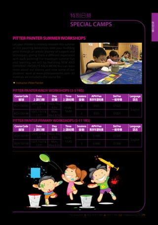 特
別
日
營
For enquires: (+852 3476 1340 6 3476 1346 *: clle@ywca.org.hk | 71
特別日營
SPECIAL CAMPS
PITTER PAINTER SUMMERWORKSHOPS
Let your children's creativity blossom this summer
as our painting workshops take your budding
artist through an artistic journey of subjects and
techniques, giving them a different experience
with each painting! For maximum summer fun
and learning, we will be featuring NEW AND
DIFFERENT PROJECTS EACH WEEK! You can learn
more about our classes and view some of our
students' work at www.pitterpainterhk.com All
materials are included in the course fee.
«	Instructor:PitterPainter
PITTER PAINTER KINDY WORKSHOPS (3-5 YRS)
CourseCode
編號
Date
上課日期
Day
星期
Time
上課時間
Sessions
堂數
APHFee
專享年證收費
StdFee
一般學費
Language
語言
BCH150195
29/6, 2/7 &
3/7
Mon, Thu
& Fri 15:00 -
16:00
3 $925 $1025
English
BCH150196
13/7, 15/7 &
17/7
Mon,
Wed & Fri
3 $925 $1025
PITTER PAINTER PRIMARY WORKSHOPS (5-11 YRS)
CourseCode
編號
Date
上課日期
Day
星期
Time
上課時間
Sessions
堂數
APHFee
專享年證收費
StdFee
一般學費
Language
語言
BCH150197
29/6, 2/7 &
3/7
Mon, Thu
& Fri 16:15 -
17:45
3 $1400 $1500
English
BCH150198
13/7, 15/7 &
17/7
Mon,
Wed & Fri
3 $1400 $1500
 